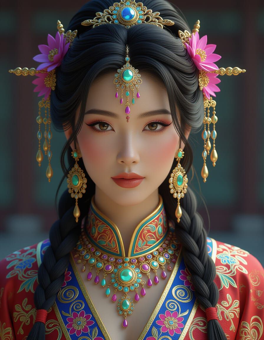 Hyperrealistic Asiatic Woman in Futuristic Attire
