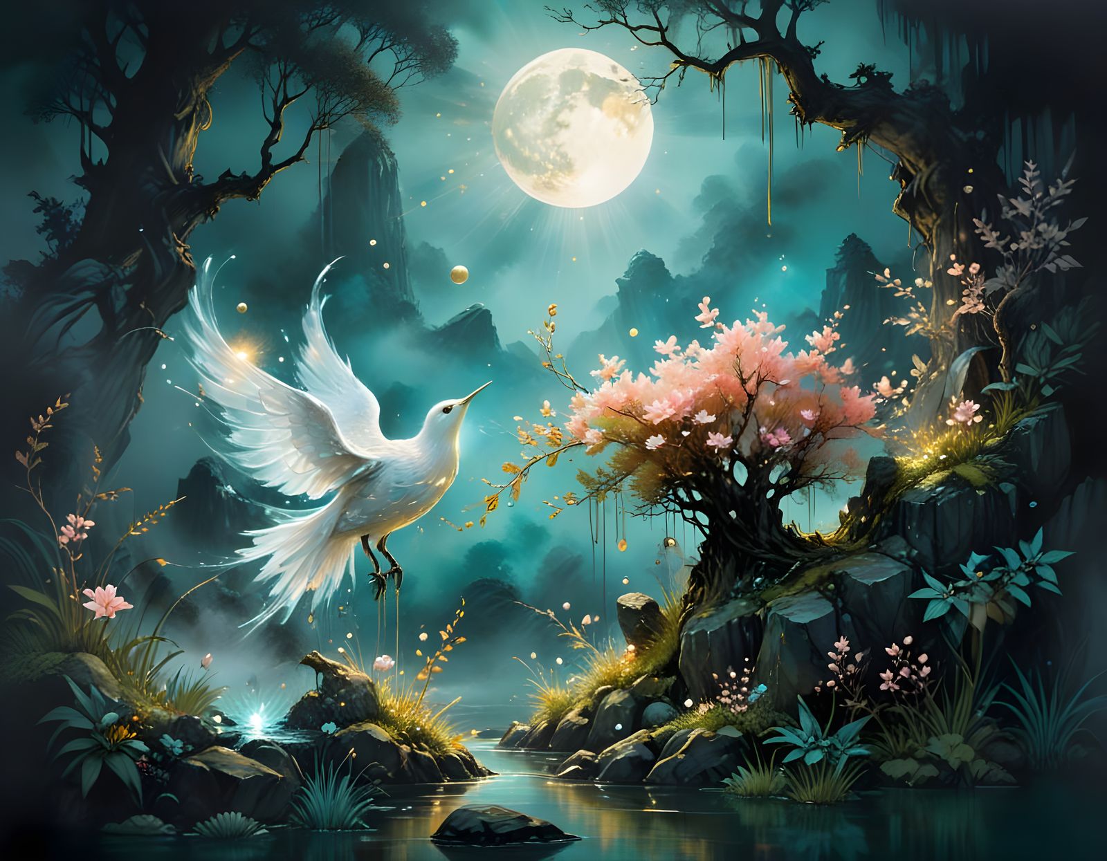 Divine Justice Miracle in Mystical Bioluminescent Landscape