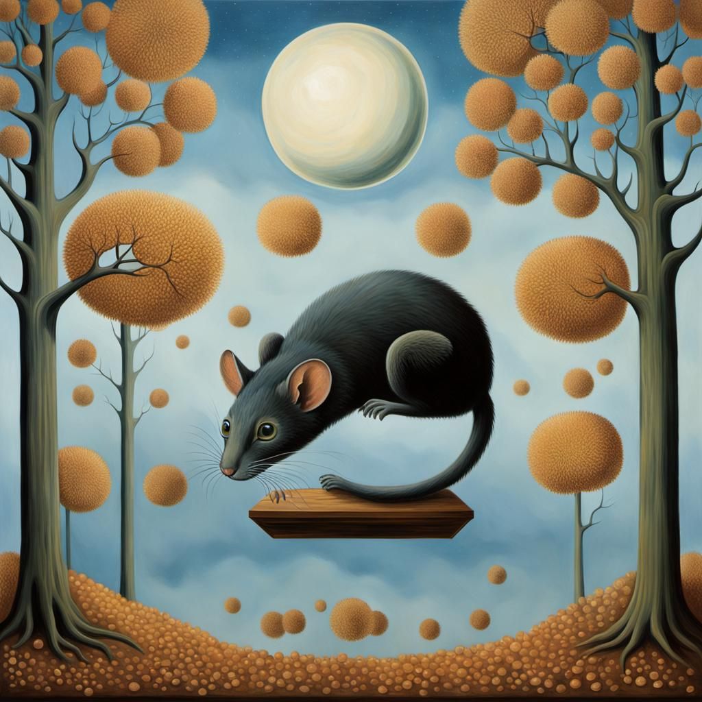 Fluffy Mouse Holding Dandelion in Surrealist Style