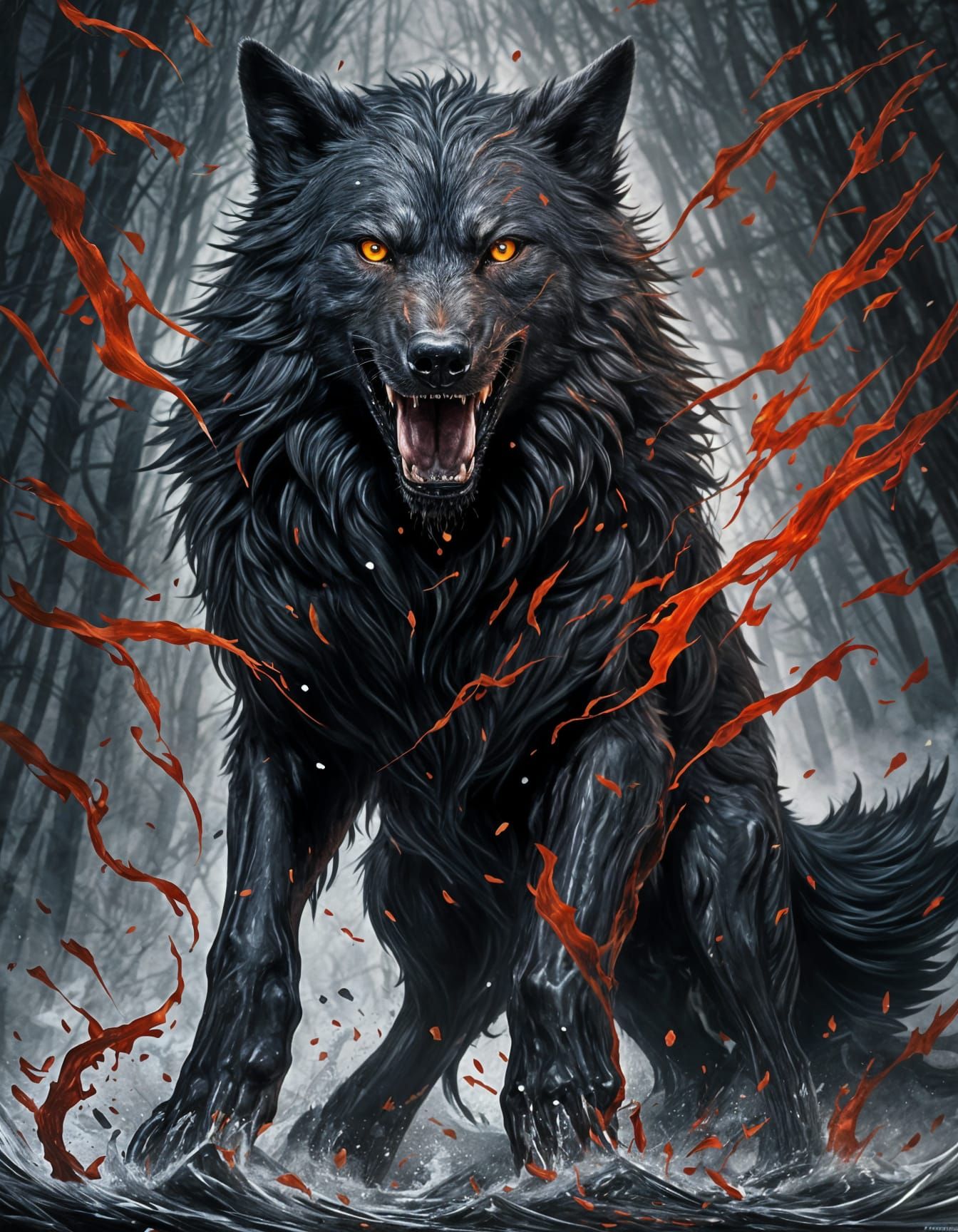 Epic Dark Wolf with Fiery Red Eyes