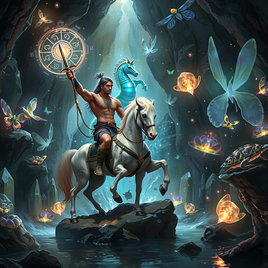 Majestic Centaur in Crystal Cave with Bioluminescent Aura