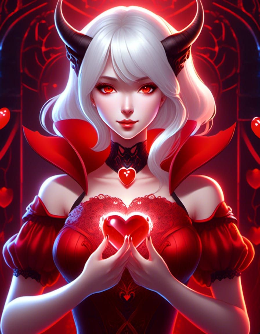 Anime Side portrait of a pale complexion, white haired lady demon with red eyes and red horns. Wearing a red lacy sleeve...