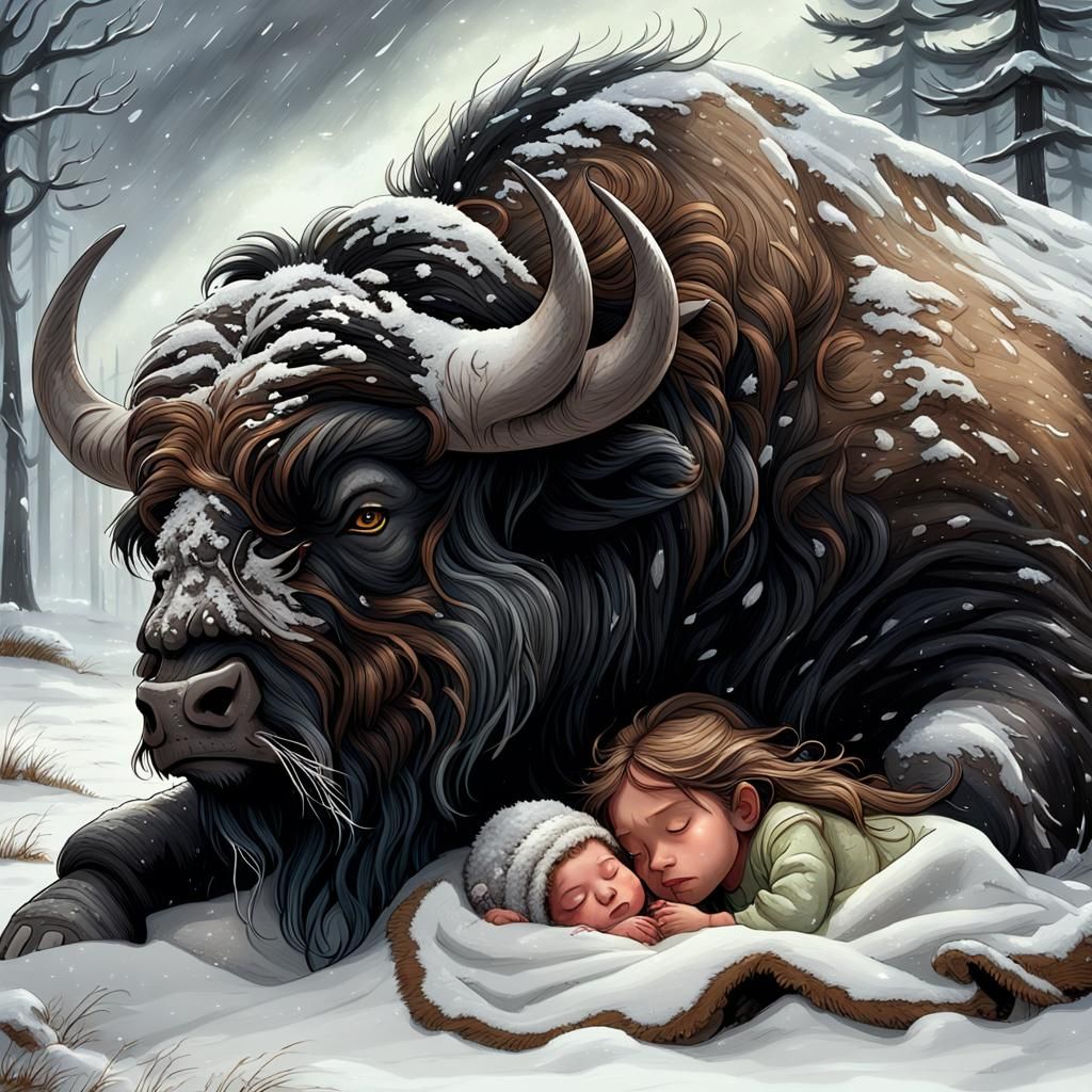 Buffalo Sheltering Child in Wild Snowstorm