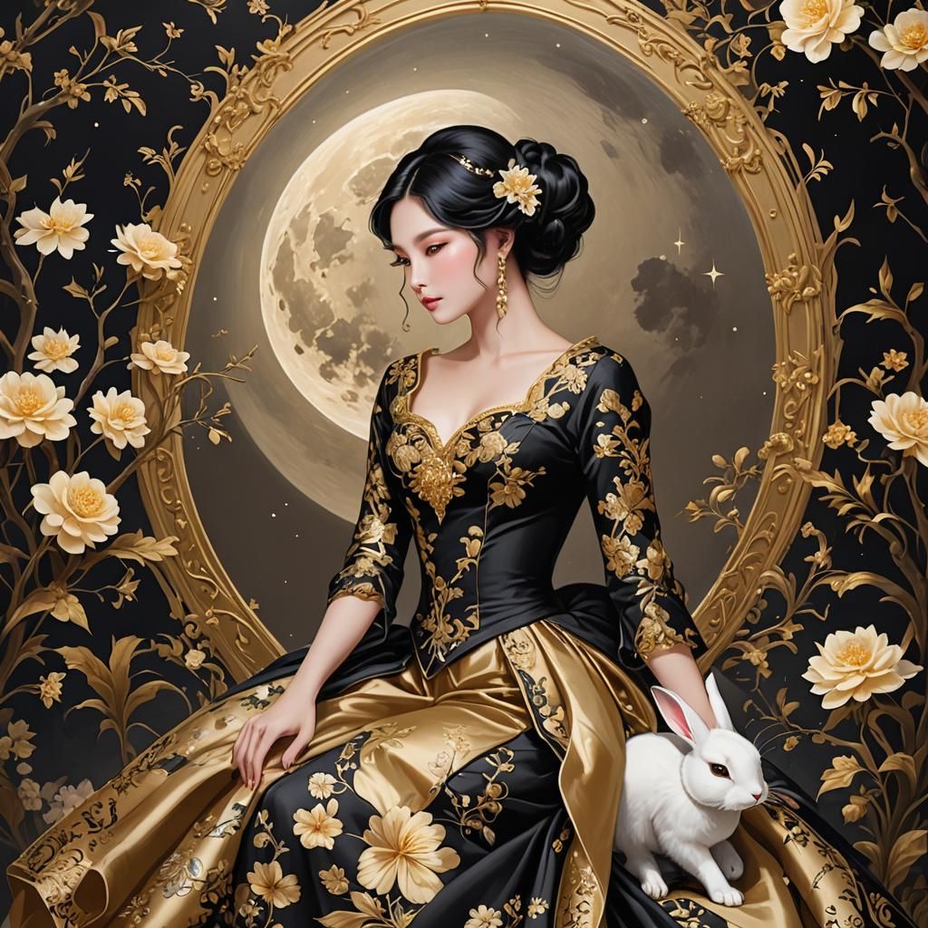 Thai Woman in Rococo Gown with Moon Rabbit Decor
