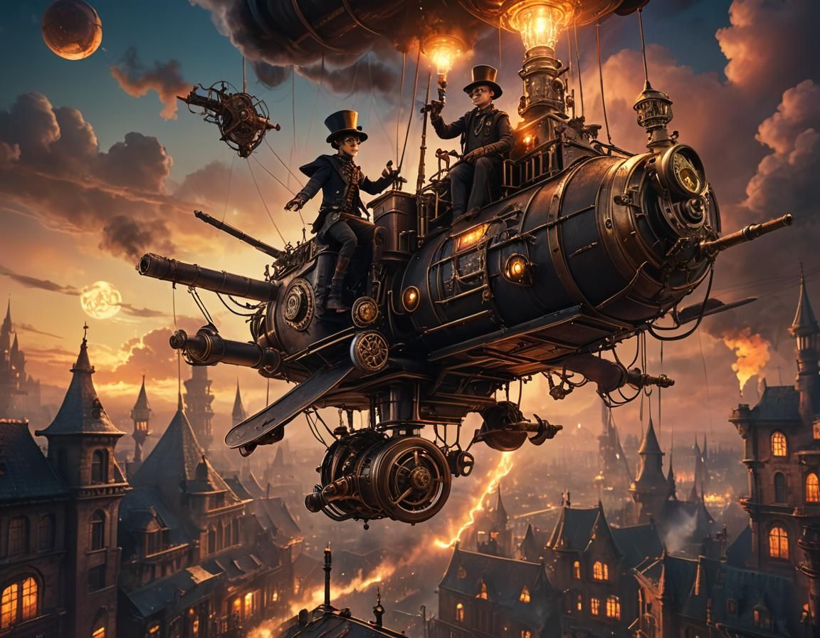 Steampunk Flying Machine at Sunset in Cyberpunk Style