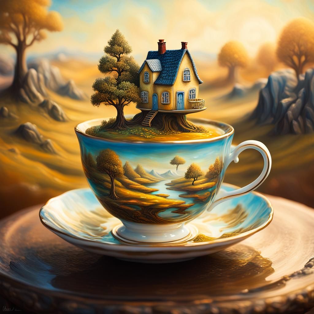 Surreal Teacup World in Oil Painting Style