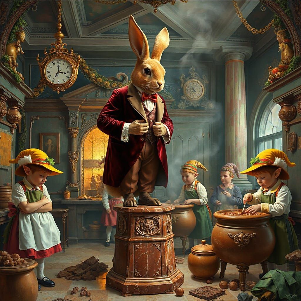 Giant Chocolate Bunny Oversees Elves