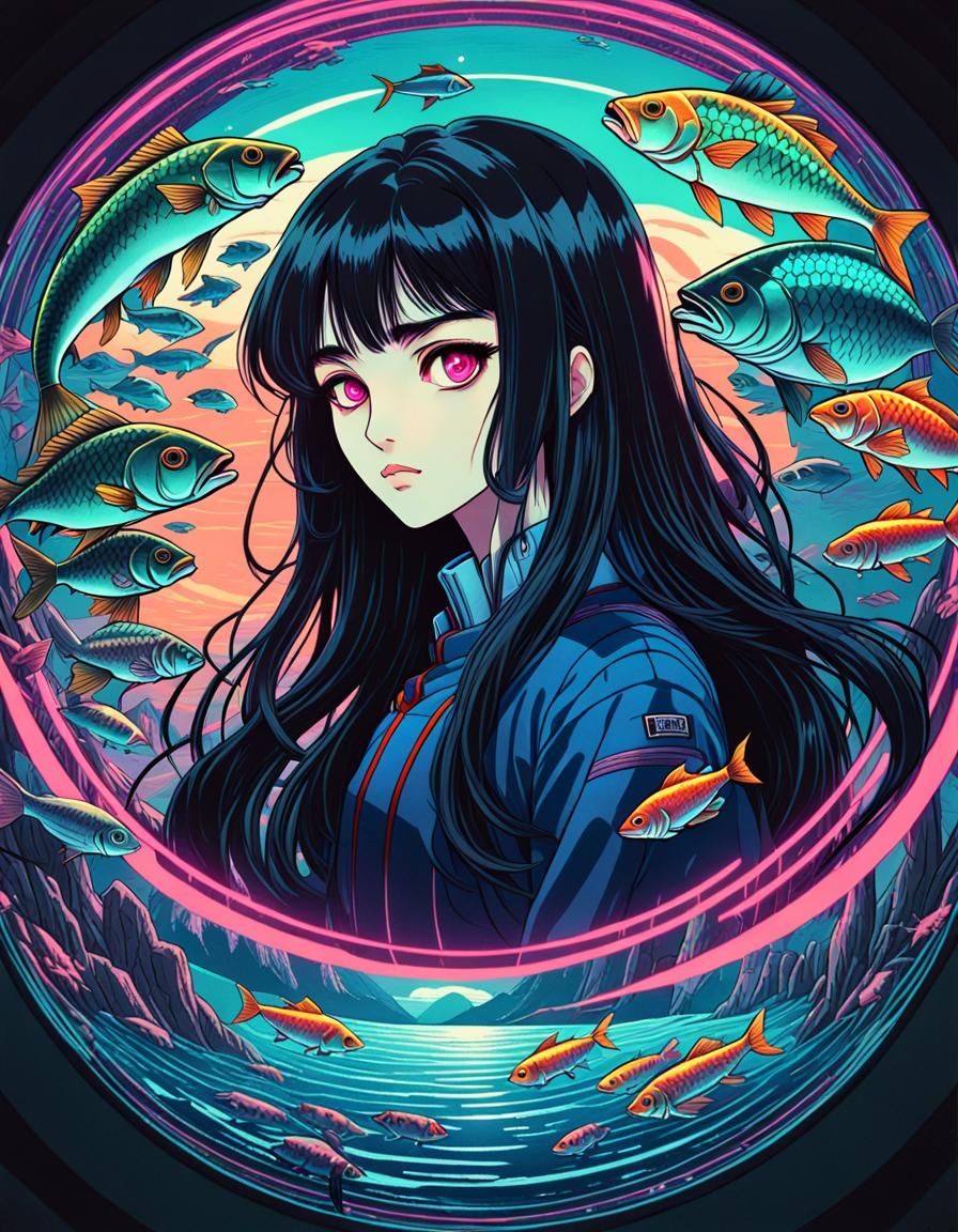Sci-Fi Anime Girl with Fisheye Lens in Synthwave Style