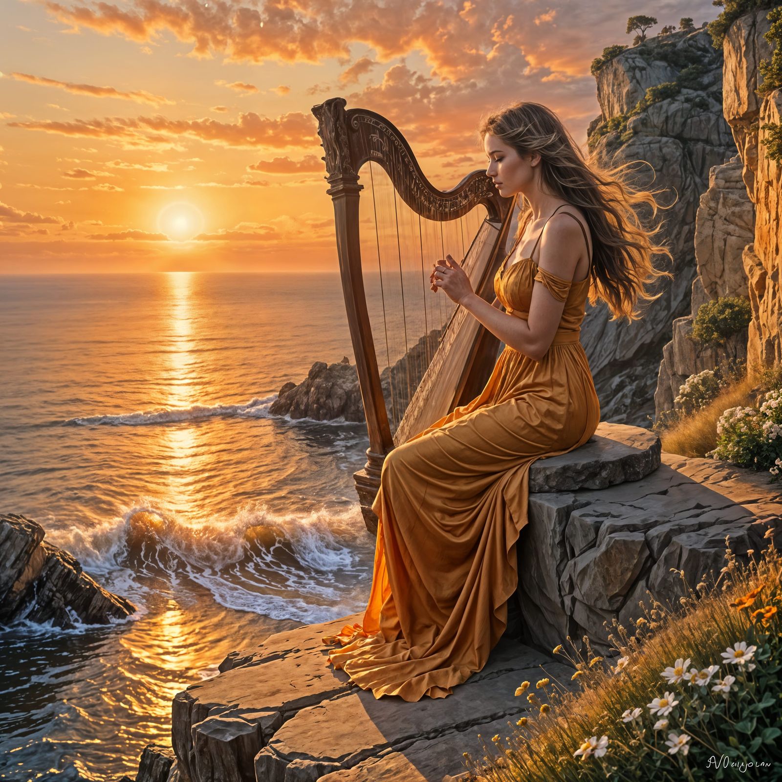 Woman Plays Harp at Sunset on Cliff Edge
