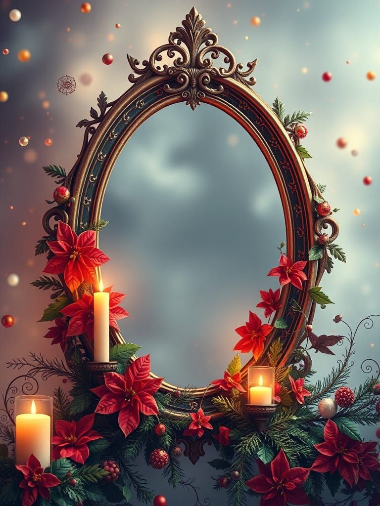 Gothic Oval Frame Adorned with Poinsettias and Evergreen
