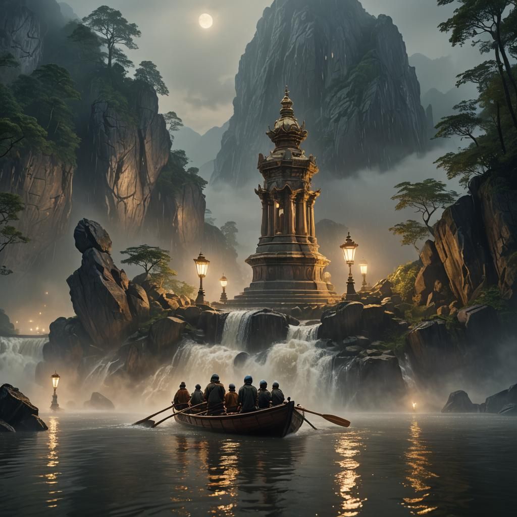 Colossal Statue on Misty River at Night