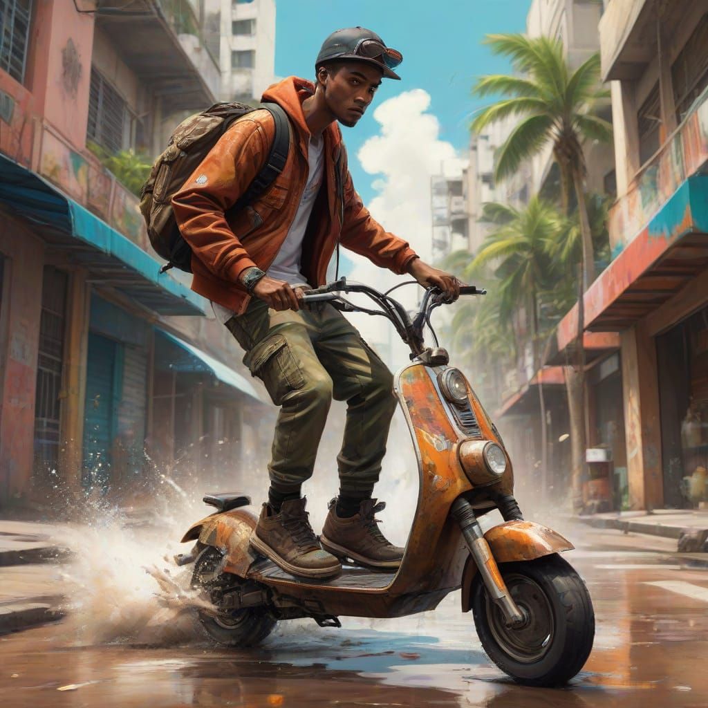 Confident Rider Performs Dynamic Bike Slide in Tropical City...