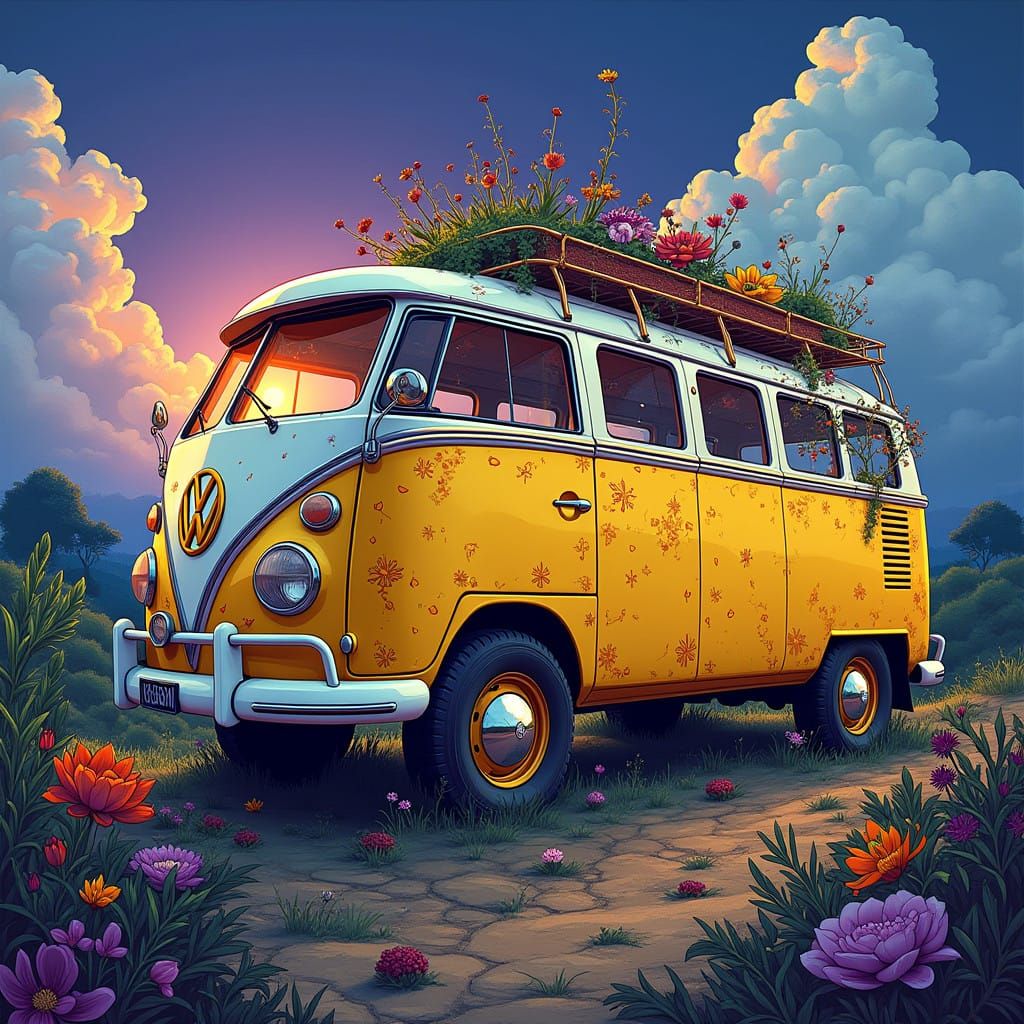 Surrealist VW Bus in Vibrant Yellow, with Mystical Symbols a...
