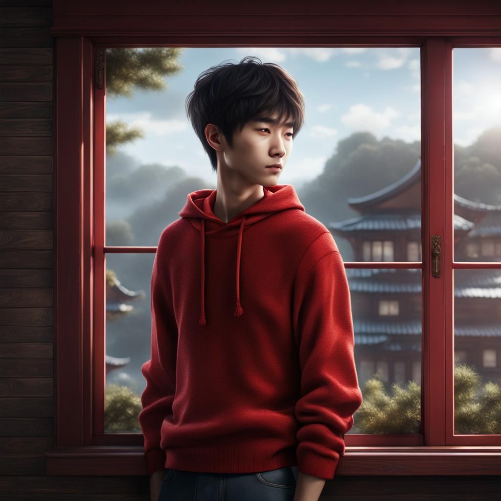 Korean Boy in Red Sweater Looking Out Window