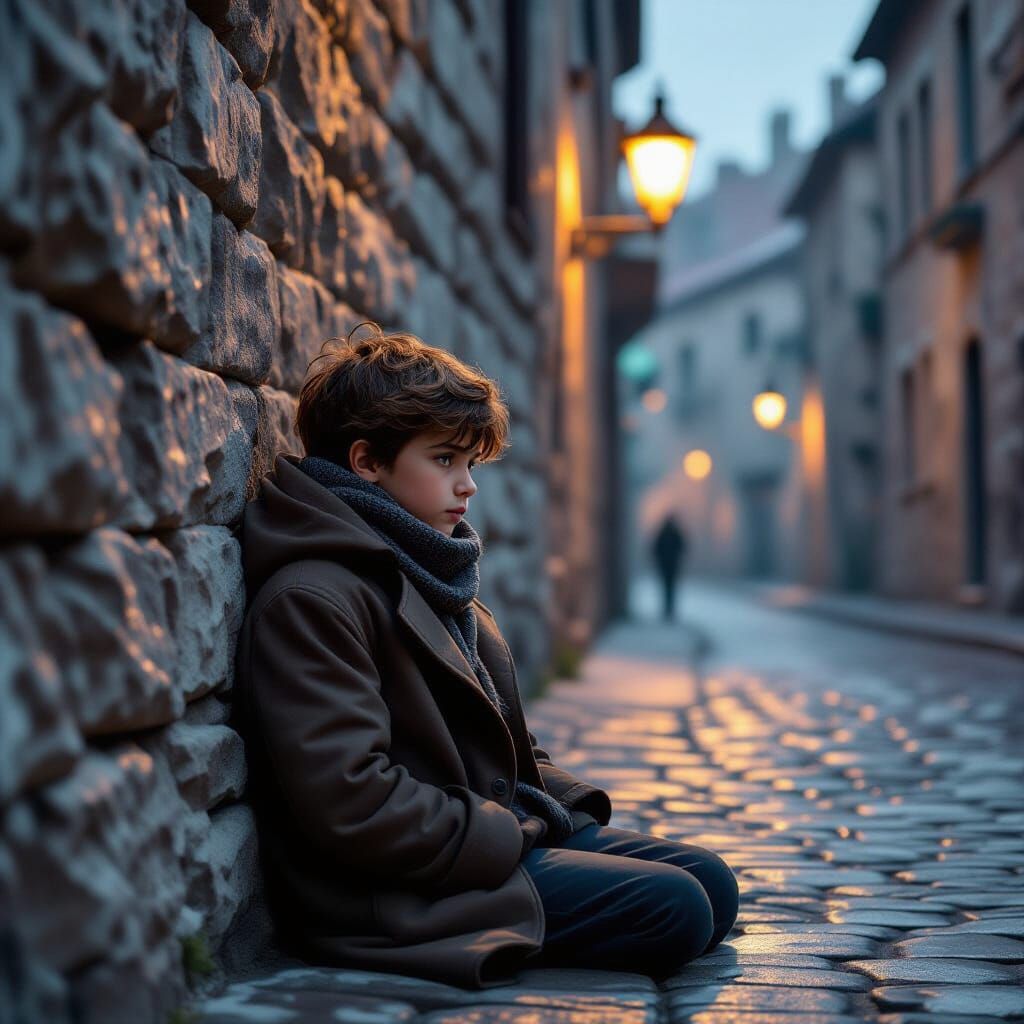 Boy in Coat Under Streetlamp, Digital Art