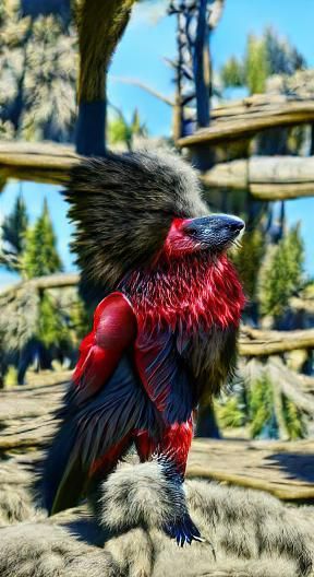 Detailed Red Raven with Fluffy Plumage