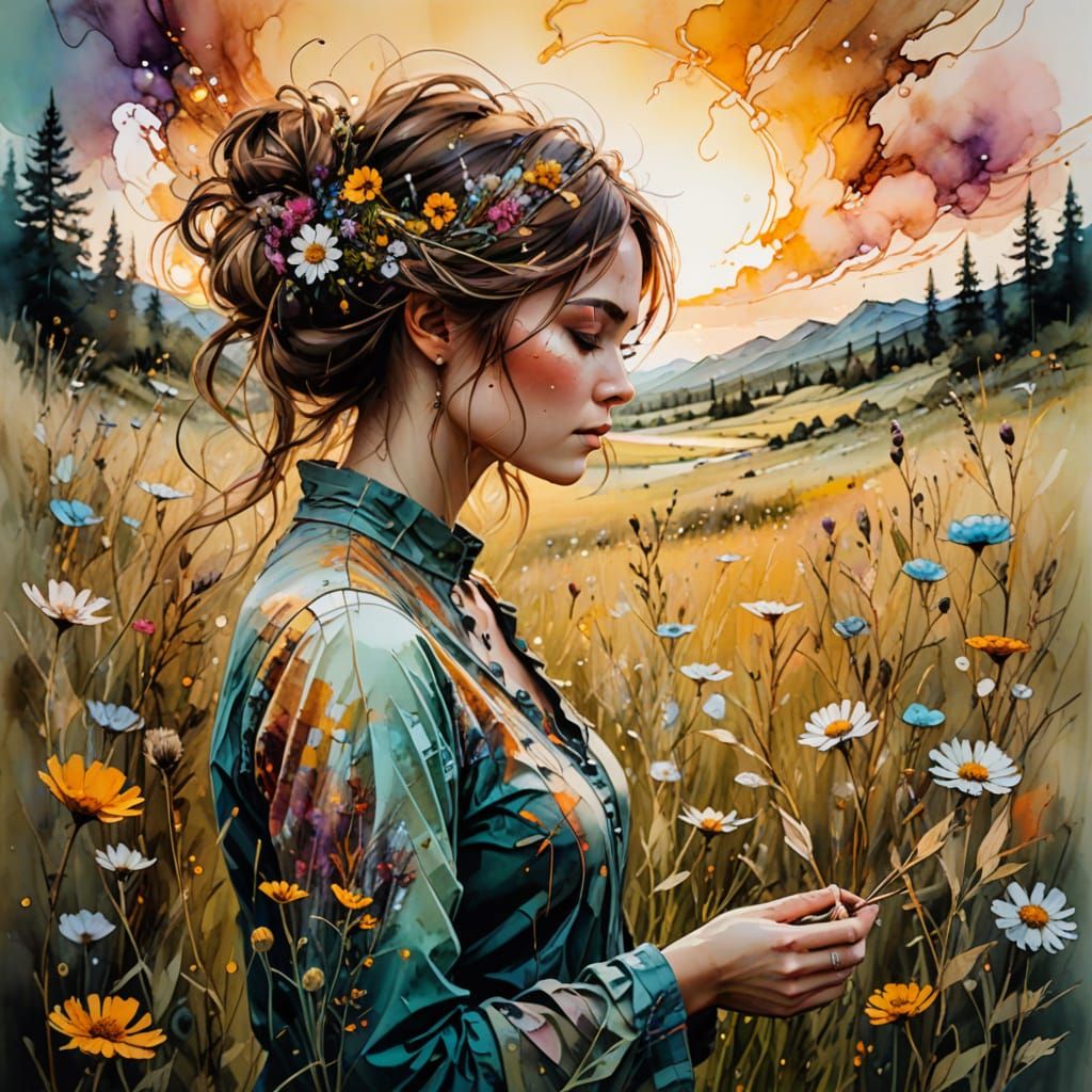 Dreamy Alcohol Ink Landscape Painting with Wildflowers