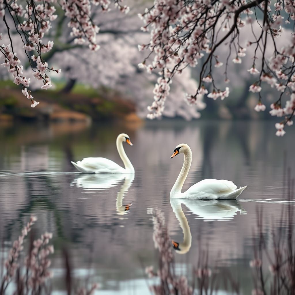 Swans in Cherry Blossom Rain: Serene Lake Scene