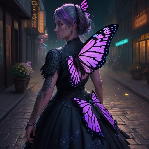 Butterfly with Flowers in Neon Lit Street