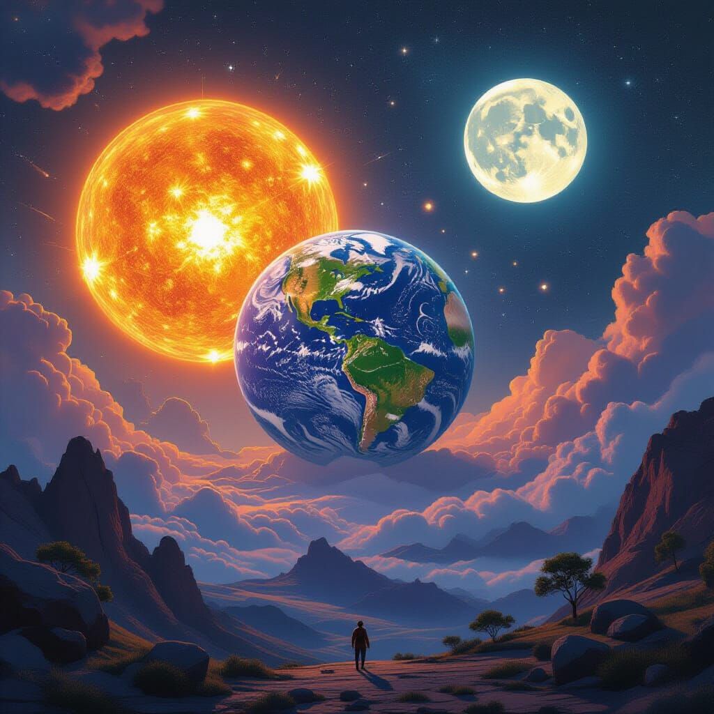 Cosmic Space Scene with Earth and Moon