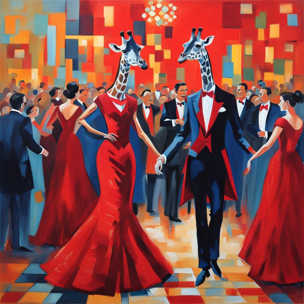 Giraffes in Red Gown and Tuxedo at Party