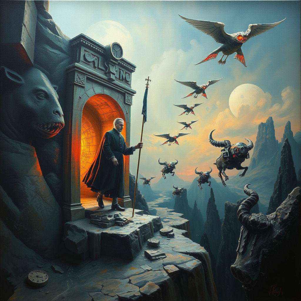 Father Time Steps into a Neon Future as Surreal Oil Painting