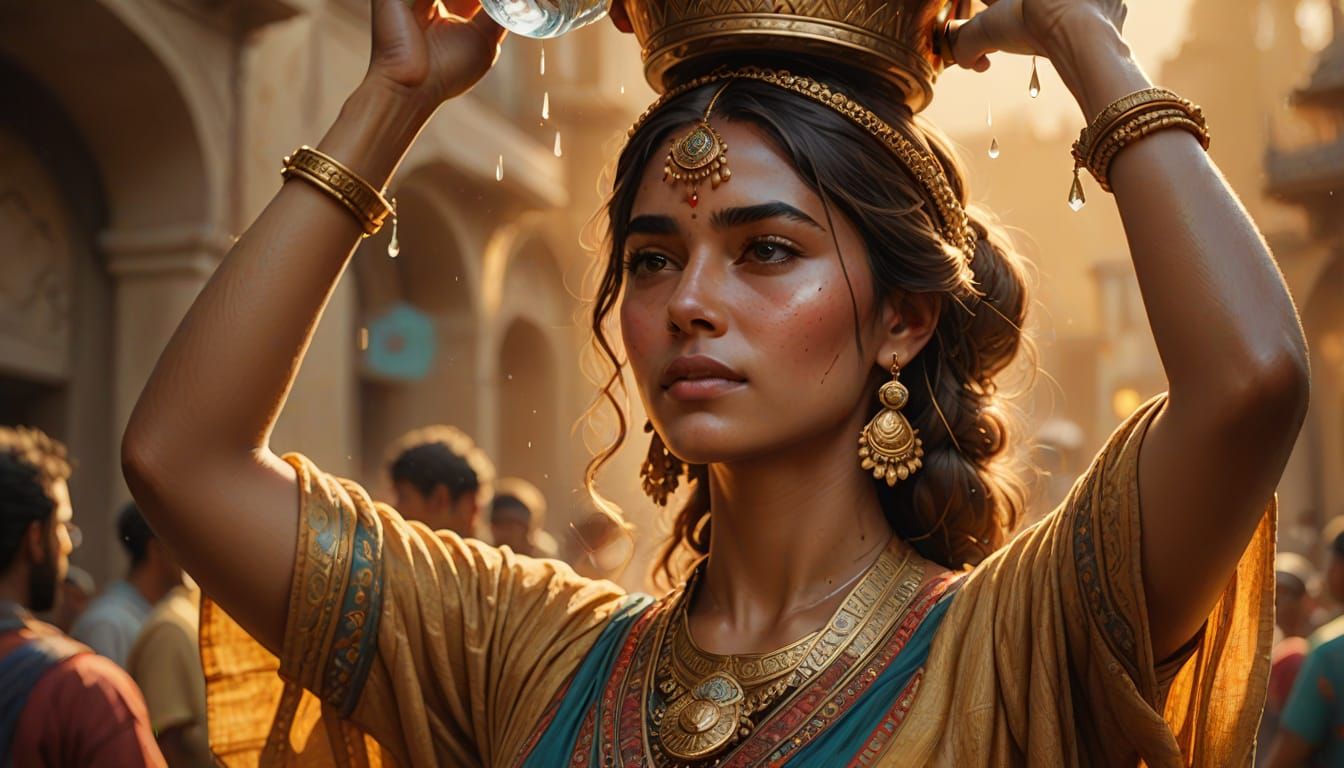 Woman with Water Jug: Hyperrealistic Concept Art