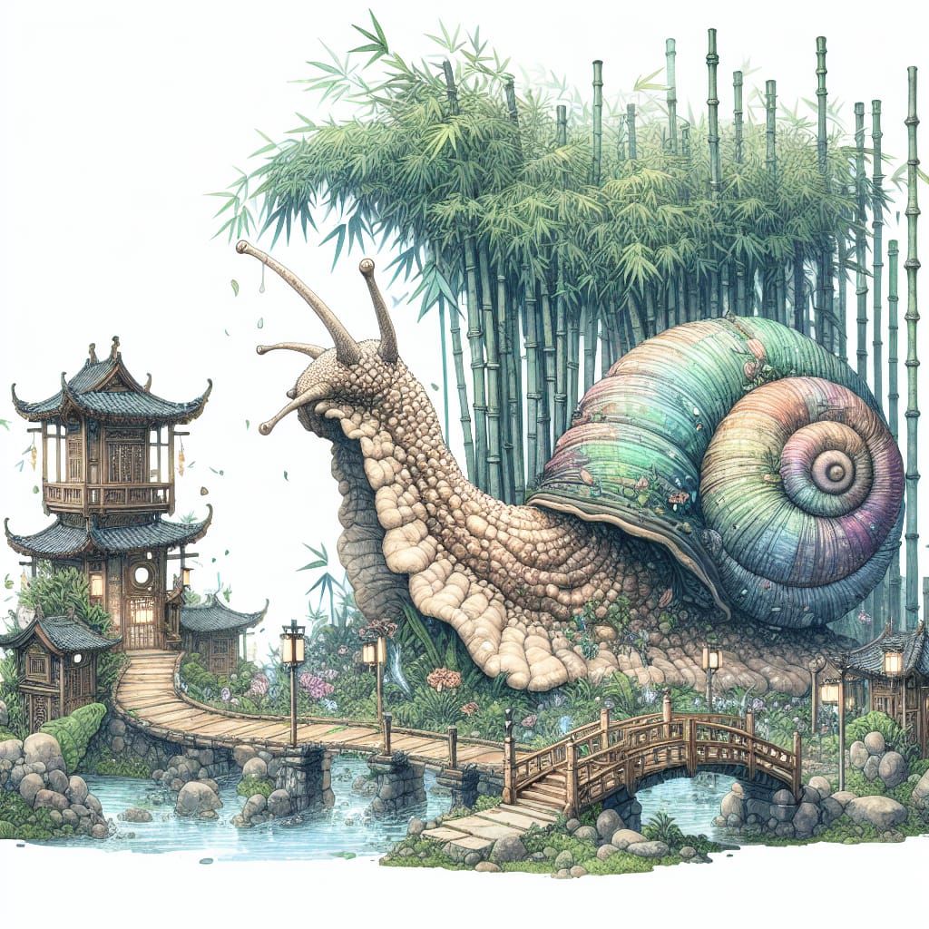 Grandiose Snail and Bamboo Oasis in Whimsical Asian Village