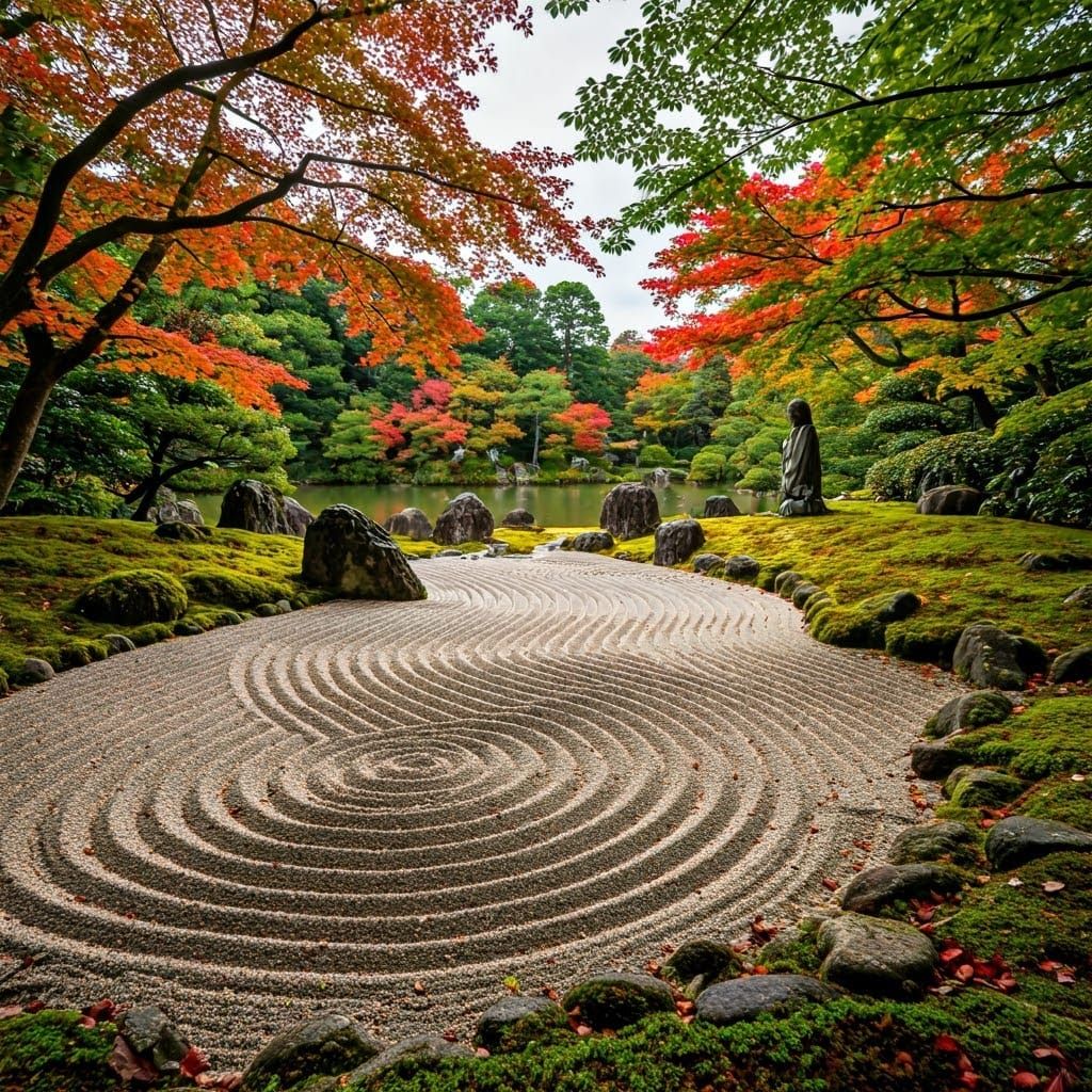 Serene Japanese Rock Garden with Geometric Patterns and Fall...