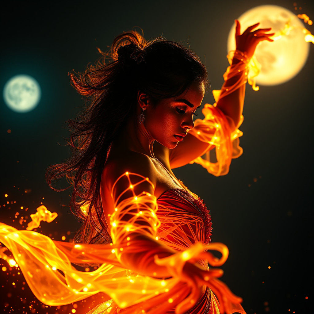 Exotic Fire Dancer in Moonlight: Hyperrealistic Portrait