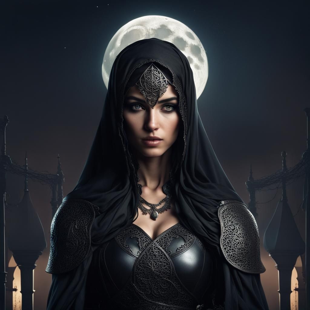 Mysterious Arabic Woman in Leather Armor Under Moon
