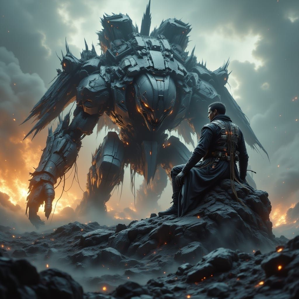 Mech Pilot Rests on Damaged Mech Amidst Artillery Fire