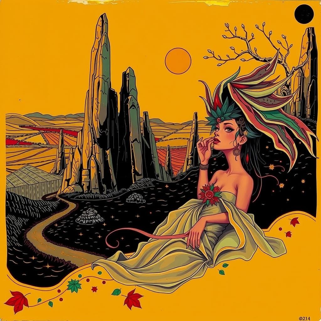 Vibrant Landscape with Pink Skin and Golden Leaves