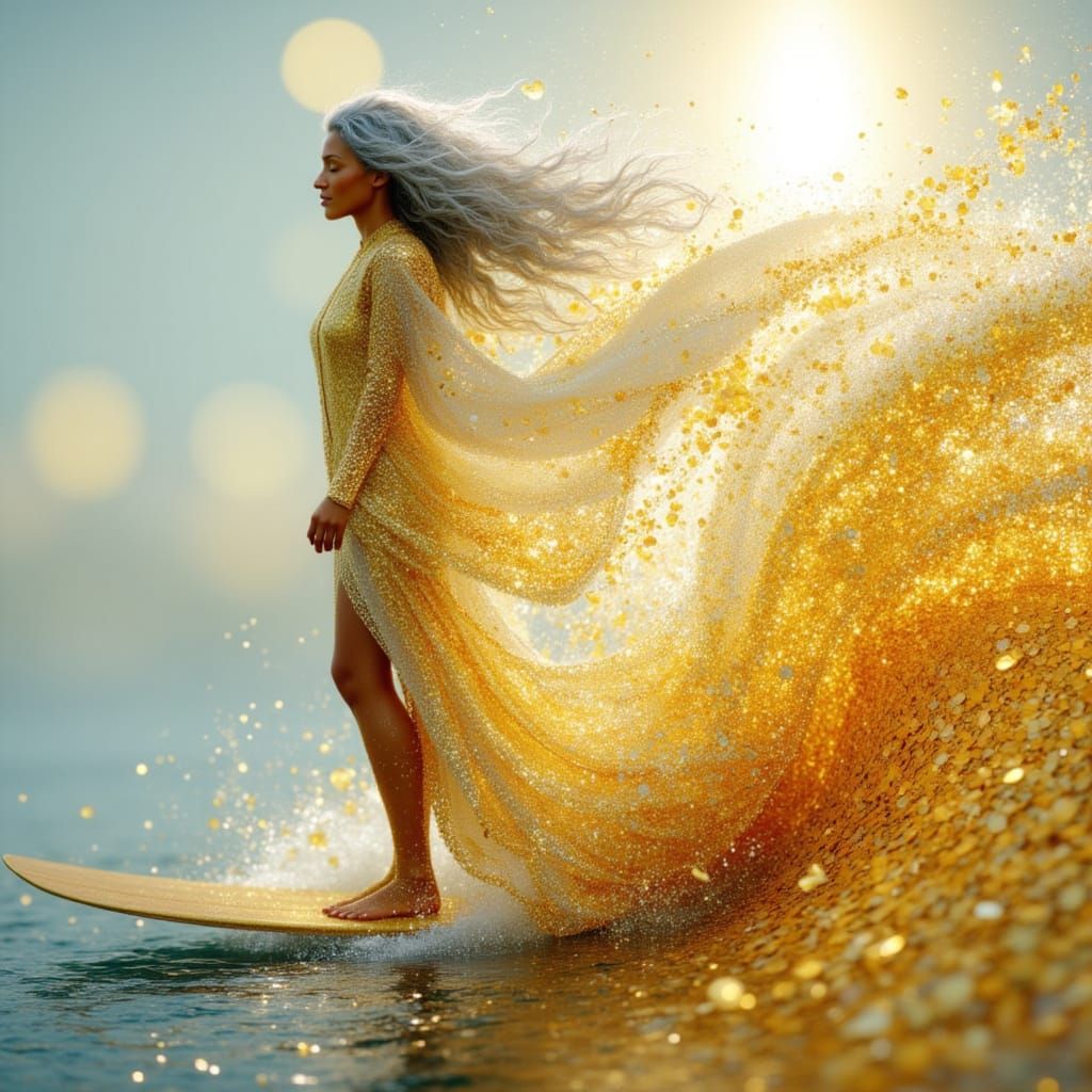 Joyful Woman Surfing Golden Wave in Diamond Crest
