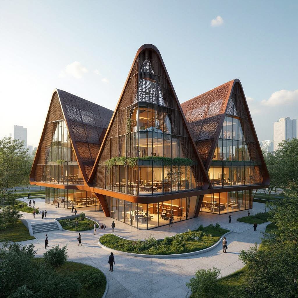 Futuristic 3D School Design: Intersecting Pyramids in Rusty ...