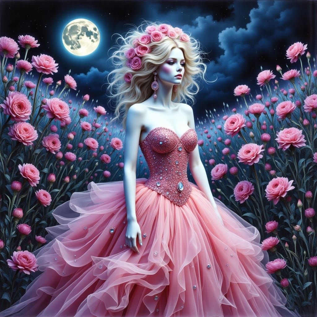 Porcelain Woman in Pink Gown in Lush Garden