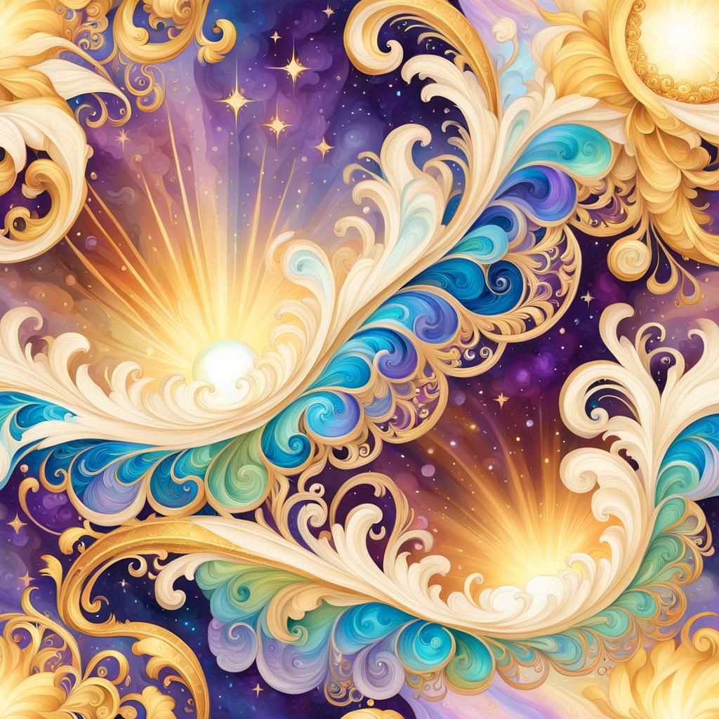 Ornate Golden Parchment Scroll with Rainbow Lights
