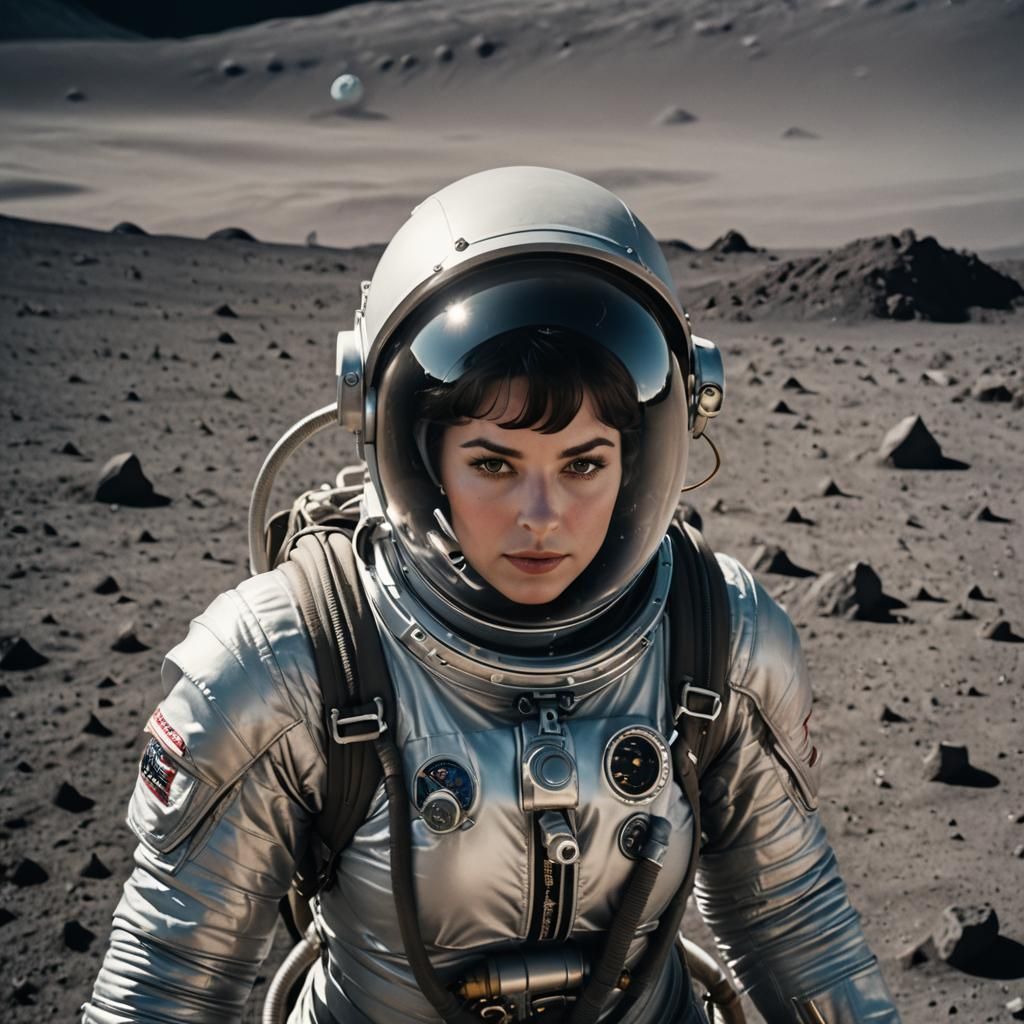 054 A beautiful female astronaut wearing a silver spacesuit ...