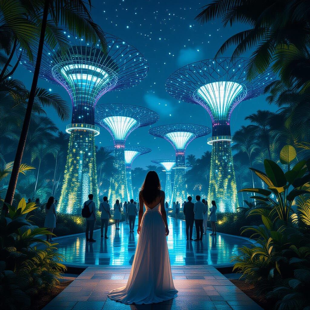 Tropical Garden Gazebo at Night, Digital Photo