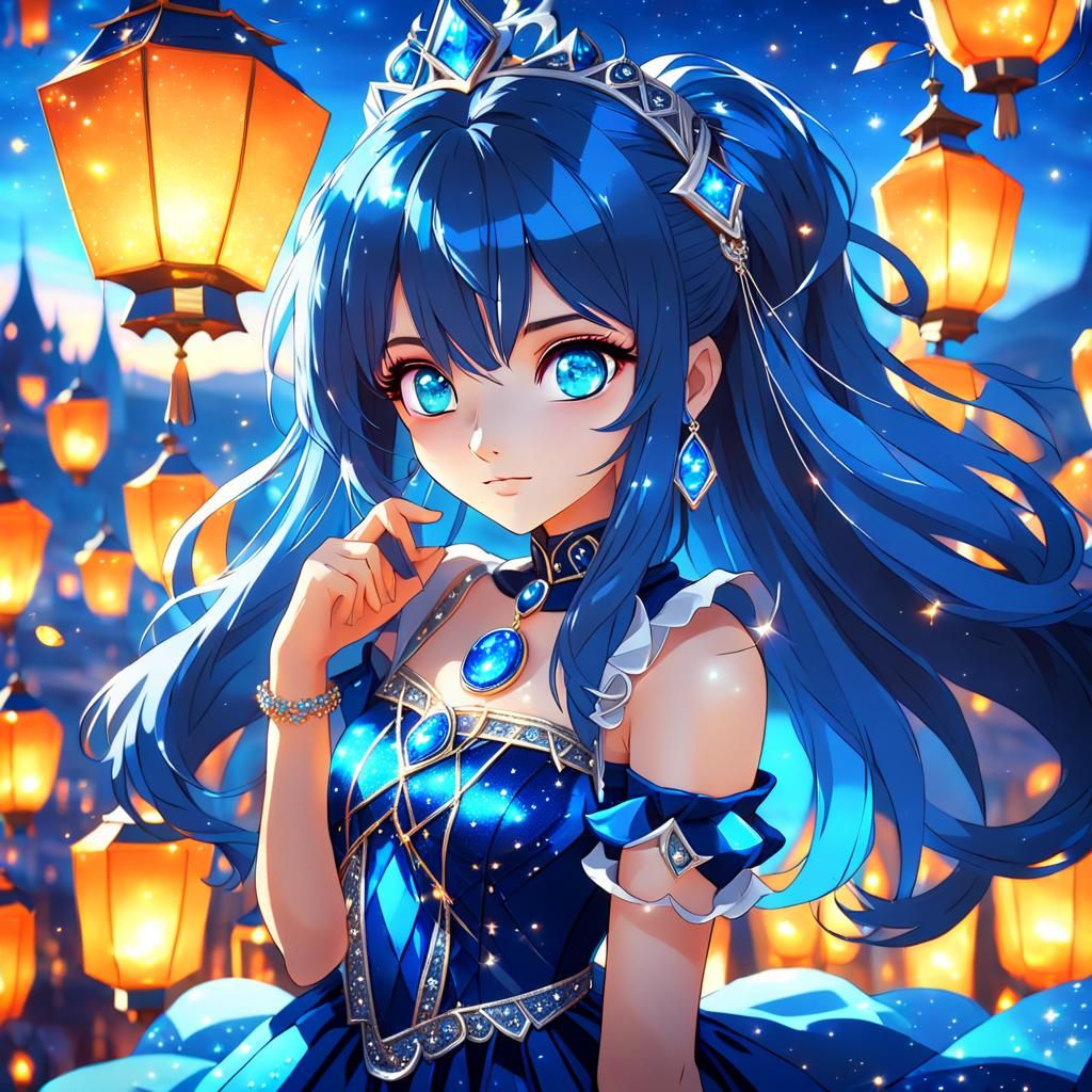 Anime Girl in Blue Dress Fantasy Portrait