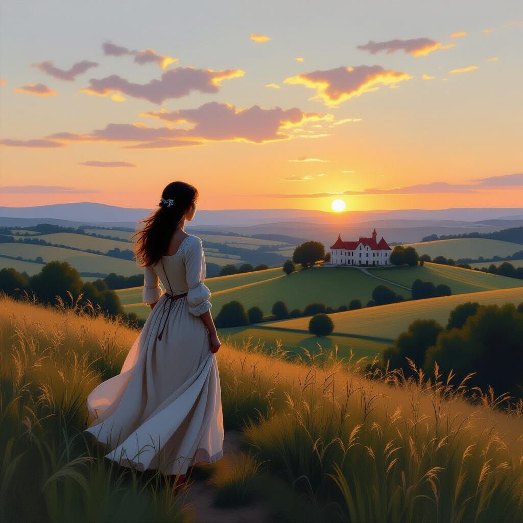 Medieval Woman Overlooking Dusk Landscape in Barbizon Style