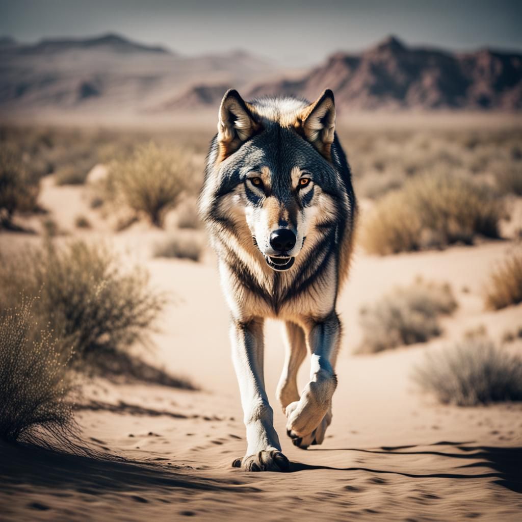 Gray Wolf in Desert: Cinematic Film Still