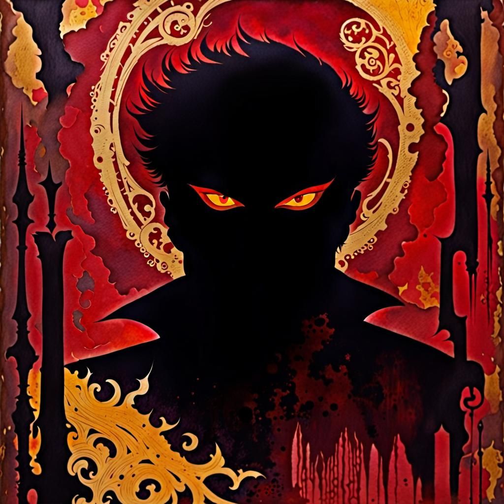Sinister Red Silhouette with Yellow Eyes in Watercolor
