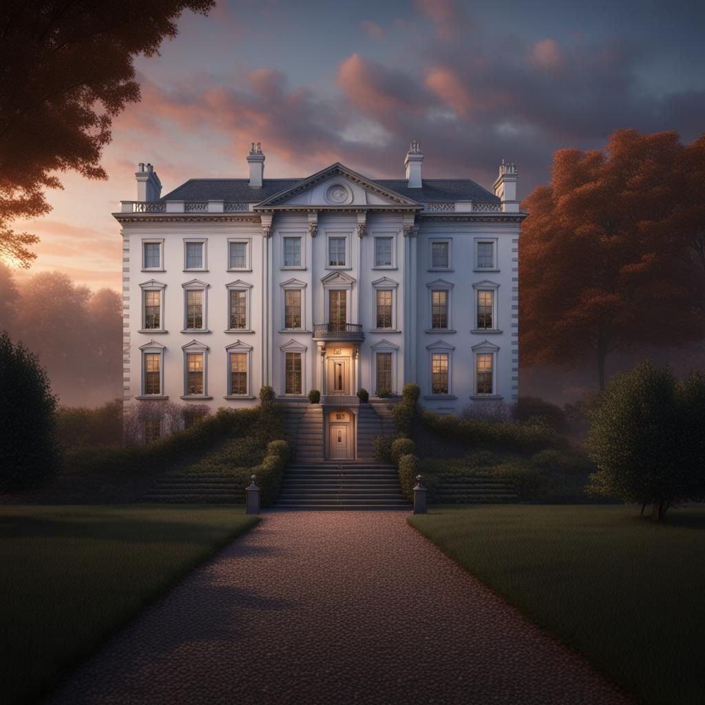 Georgian Mansion Under Dawn Sky: Detailed Matte Painting