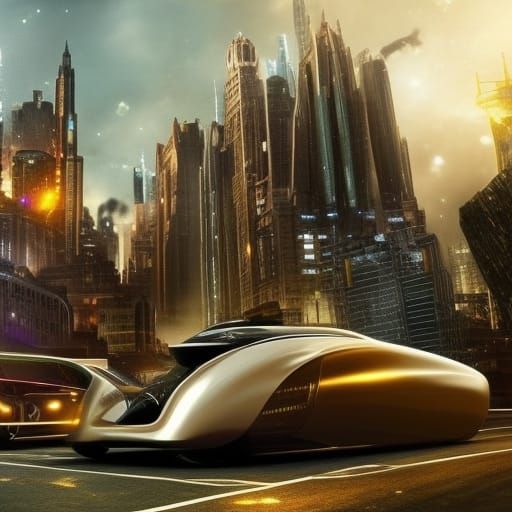 Steampunk Time Machine in Futuristic Cityscape