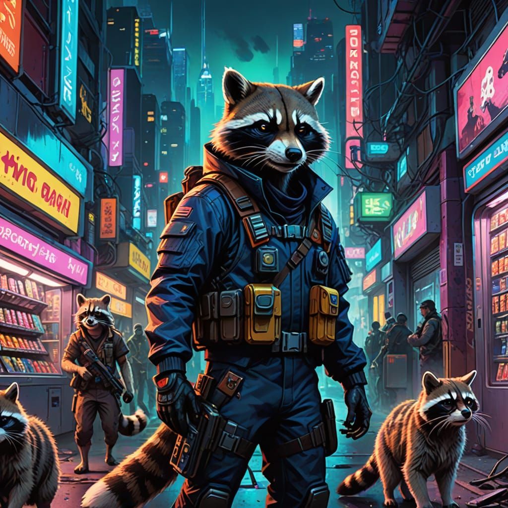 Raccoons Versus Cats in Sci-Fi Cityscape