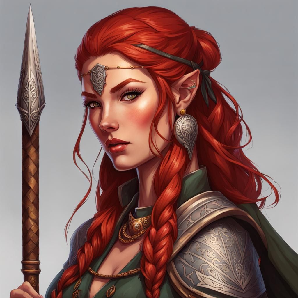 Red Haired Woman Warrior with Spear on Forest Trail