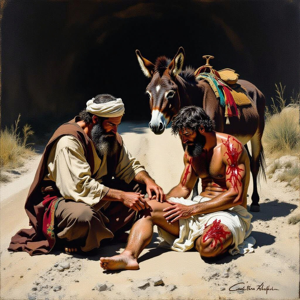 The Good Samaritan Helping Wounded Man
