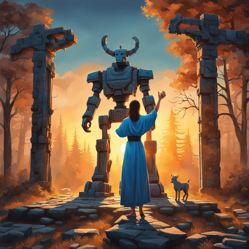 Woman Prays to Robot Centaur in City Ruins