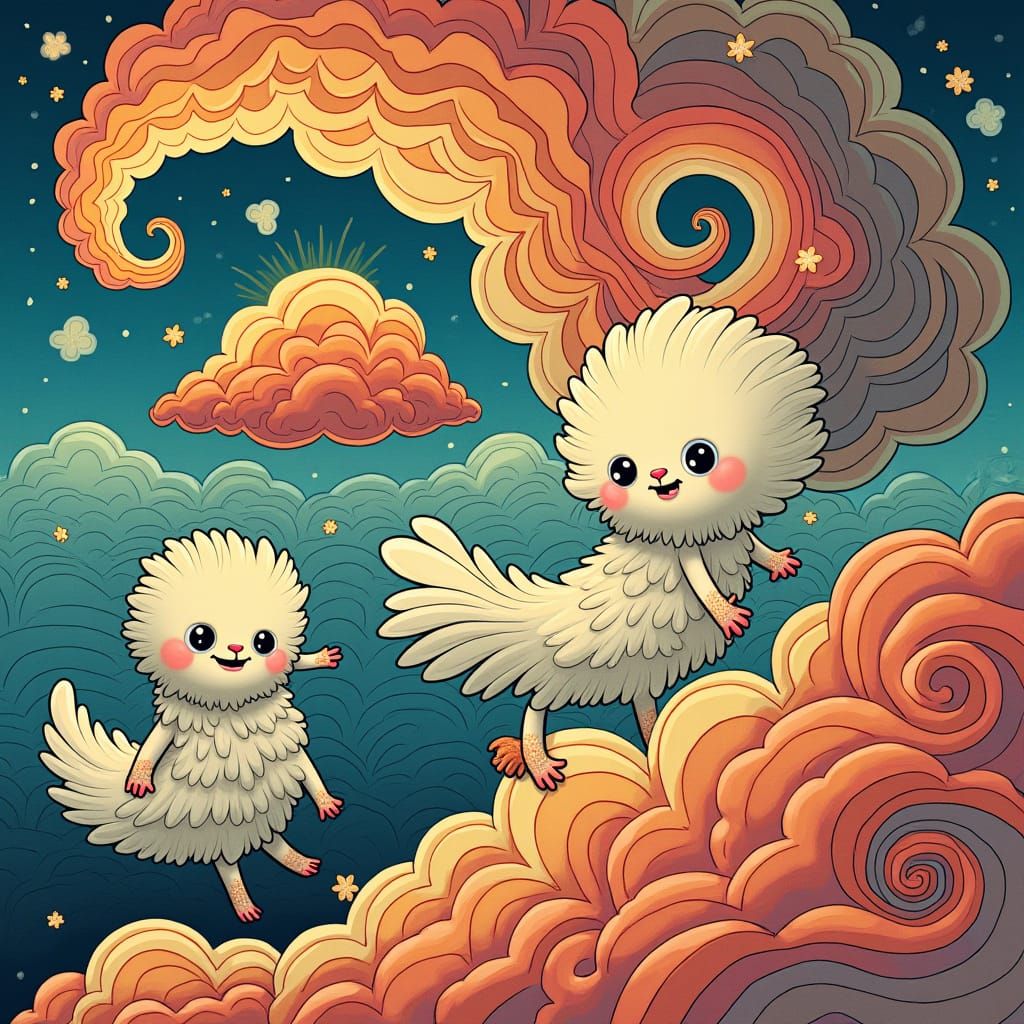 Dreamlike Scene with Swirling Clouds in Surrealist Style